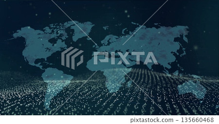 Showing world map silhouette in virtual space, with glowing data points, grid lines, wave dot field 135660468