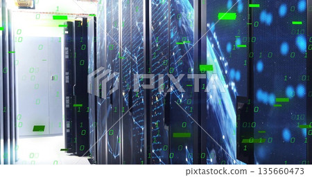 Displaying server racks projecting network holograms at data center, with LED indicators 135660473