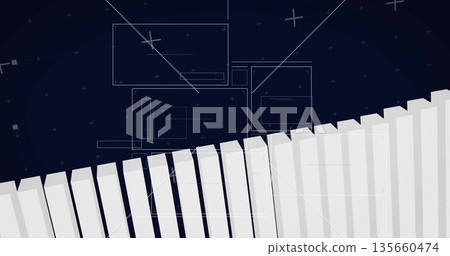 Displaying white 3D bars diagonally on digital design with rectangles, plus stars, guide markers 135660474