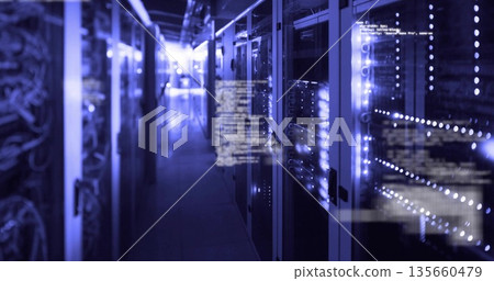 Server rack blinking blue LED lights in data center hallway, with blurred code overlays, copy space 135660479
