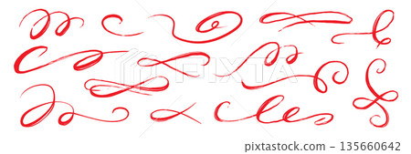 Flourish drawn swash red set. Red flourish calligraphy hand drawn pen brush ink thin stroke line..Vintage doodle swirl scroll underline text decoration texture grunge. Vector Flourish drawn swash red set. Red flourish calligraphy hand drawn pen brush ink thin stroke line..Vintage doodle swirl scroll underline text decoration texture grunge. Vector 135660642