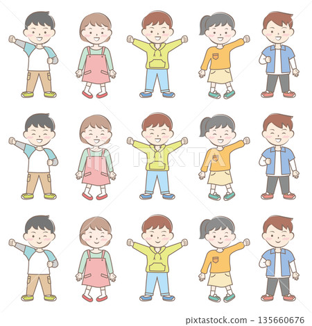 一組身著春裝、笑容燦爛的兒童全身照 135660676