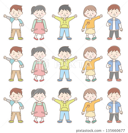 一組身著春裝、笑容燦爛的兒童全身照 135660677