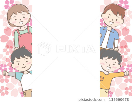 櫻花和穿著便服的孩子們構成了一幅畫面，他們面帶微笑。 135660678