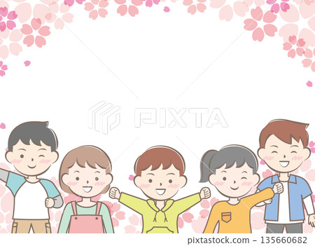 Cherry blossoms and children in casual clothes frame, smiling 135660682