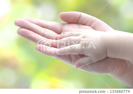 Baby and mother's hands stacked against a background of fresh greenery 135660774