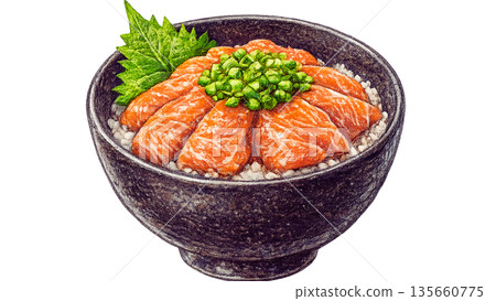 Colored pencil illustration of marinated salmon bowl 135660775