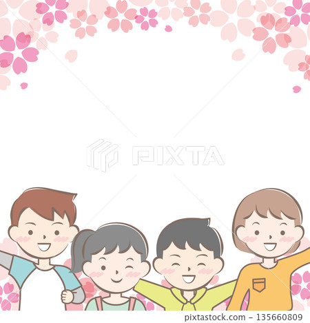 Cherry blossoms and children in casual clothes frame, smiling 135660809