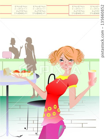 一位女士手裡拿著熱狗和飲料 一位女士手裡拿著熱狗和飲料 135660852