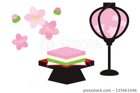 Illustration of Hinamatsuri dolls, lanterns, diamond-shaped rice cakes, and peach blossoms Illustration of Hinamatsuri dolls, lanterns, diamond-shaped rice cakes, and peach blossoms 135661046