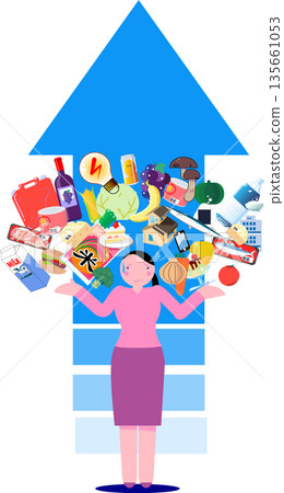 Illustration of a woman confused by the pressure of rising prices and an upward arrow Illustration of a woman confused by the pressure of rising prices and an upward arrow 135661053