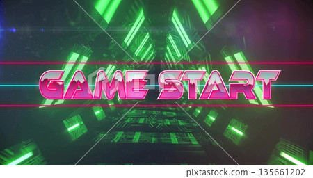 Displaying stylized pink 'GAME START' banner in neon-lit futuristic tunnel, with green panels 135661202