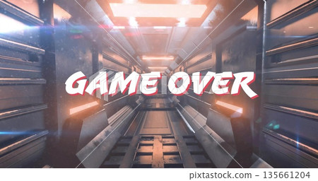 Glowing white GAME OVER text casting red shadow inside futuristic metal corridor, with LED strips Glowing white GAME OVER text casting red shadow inside futuristic metal corridor, with LED strips 135661204