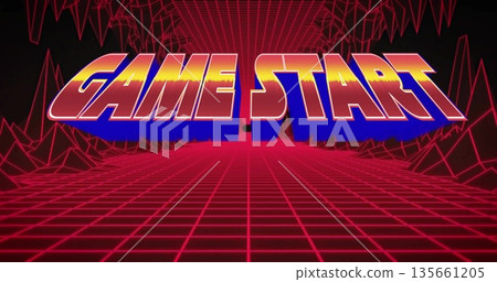 Glowing 3D GAME START text hovering over neon grid floor, wireframe peaks with 80s game aesthetic Glowing 3D GAME START text hovering over neon grid floor, wireframe peaks with 80s game aesthetic 135661205