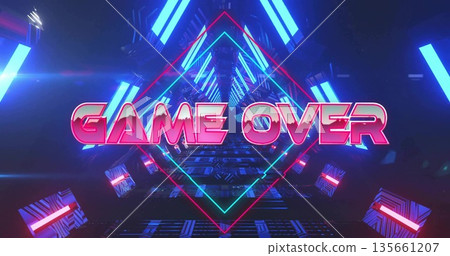 Glowing diamond neon frame enclosing pink GAME OVER text in neon-lit tunnel, with floating cubes Glowing diamond neon frame enclosing pink GAME OVER text in neon-lit tunnel, with floating cubes 135661207