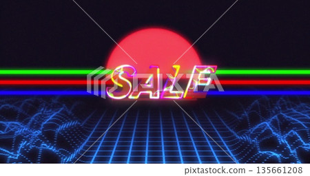 SALE letters glowing over wireframe grid in digital landscape, with neon sun disk and colored lines SALE letters glowing over wireframe grid in digital landscape, with neon sun disk and colored lines 135661208