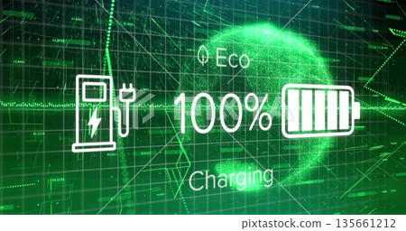 Displaying eco-charging interface glowing on holographic grid, with station icon and battery symbol 135661212