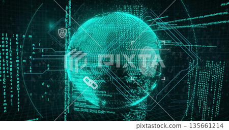 Rotating digital globe in cyberspace interface, showing fingerprint padlock chain link code 135661214