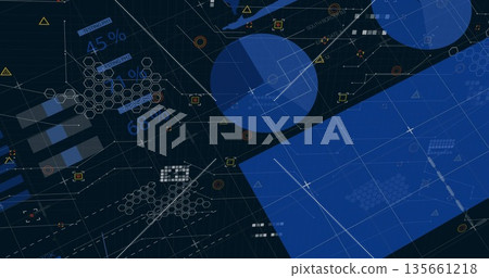 Showing blue panel on right HUD, with hex-grid overlays, percents, icons, dashed lines, copy space 135661218