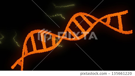 Twisting glowing orange DNA double helix moving in digital space, with yellow electric sparks Twisting glowing orange DNA double helix moving in digital space, with yellow electric sparks 135661220