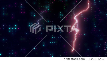 Slicing vertical neon lightning bolt through abstract field, with glowing data points, copy space 135661232
