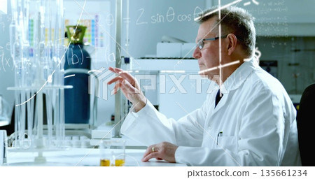 Pointing scientist wearing lab coat, glasses solving math on glass board with glassware, copy space Pointing scientist wearing lab coat, glasses solving math on glass board with glassware, copy space 135661234