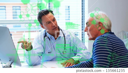 Physician gesturing at monitor explaining test results to patient in clinic with molecular graphics Physician gesturing at monitor explaining test results to patient in clinic with molecular graphics 135661235