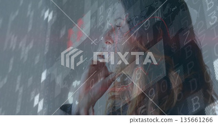 Holding smartphone against ear woman in blazer gazing in studio, alphanumeric overlays, copy space 135661266