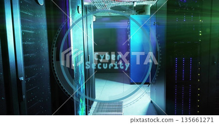 Glowing server racks with LEDs network cables and floating Cyber Security HUD in server room aisle Glowing server racks with LEDs network cables and floating Cyber Security HUD in server room aisle 135661271