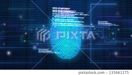 Displaying blue fingerprint graphic glowing over security dashboard, with code panels and data flow Displaying blue fingerprint graphic glowing over security dashboard, with code panels and data flow 135661275
