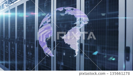 Projecting holographic globe floating above server racks inside data center, with status LEDs Projecting holographic globe floating above server racks inside data center, with status LEDs 135661278