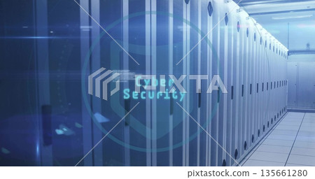 Lining white and gray server cabinets in data center corridor, displaying Cyber Security overlay Lining white and gray server cabinets in data center corridor, displaying Cyber Security overlay 135661280
