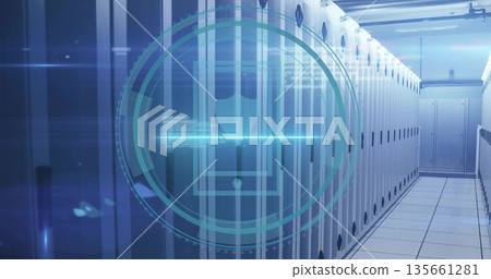 Projecting holographic shield symbol floating in cooling data center corridor, with server racks Projecting holographic shield symbol floating in cooling data center corridor, with server racks 135661281