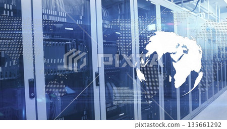 Displaying server racks projecting world map in data center corridor, with patch cables, LED lights Displaying server racks projecting world map in data center corridor, with patch cables, LED lights 135661292