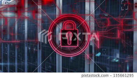 Projecting red circuit overlay around glowing padlock icon in data center aisle, with server racks 135661295
