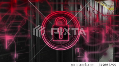 Hovering neon padlock icon marking data center corridor, lined with server racks and network cables 135661299
