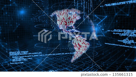 Floating holographic globe rotating above glowing grid with data points, streaming binary streams Floating holographic globe rotating above glowing grid with data points, streaming binary streams 135661315