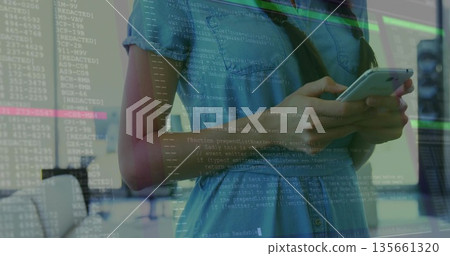 Hispanic woman wearing denim dress checking smartphone in modern office, with code overlay Hispanic woman wearing denim dress checking smartphone in modern office, with code overlay 135661320