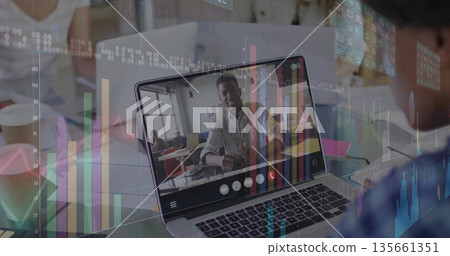 Displaying laptop on desk with coffee cup showing virtual meeting in office, with financial charts Displaying laptop on desk with coffee cup showing virtual meeting in office, with financial charts 135661351