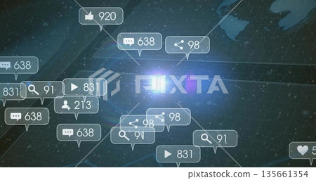 Displaying icons floating over network grid, showing interaction counters, globe and light flare Displaying icons floating over network grid, showing interaction counters, globe and light flare 135661354