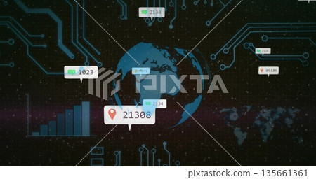 Displaying semi-transparent 3D globe in dark grid, with bar chart, circuit lines, floating callouts Displaying semi-transparent 3D globe in dark grid, with bar chart, circuit lines, floating callouts 135661361