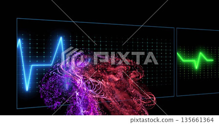 Displaying neon grid featuring blue and green ECG lines, swirling purple-red particles in dark void 135661364