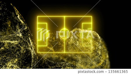 Floating neon yellow soccer field outline hovering in digital void, with swirling gold clouds 135661365
