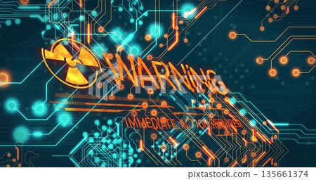 Displaying radioactive symbol, WARNING IMMEDIATE ACTION REQUIRED flashing on panel with neon traces Displaying radioactive symbol, WARNING IMMEDIATE ACTION REQUIRED flashing on panel with neon traces 135661374