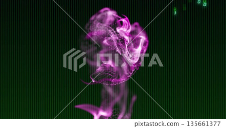 Swirling purple particle cloud floating in data display, with dot matrix and binary digits 135661377