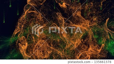Swirling orange particle cloud forming in 3D data space, with green binary digits and mesh grid 135661378