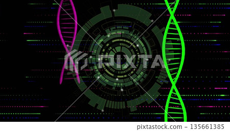 Displaying circular data interface on dark field, with two-color DNA helices and lines and dots 135661385