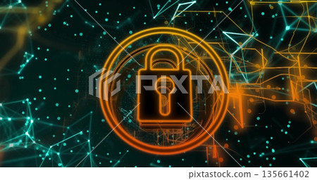 Securing orange padlock glowing within circular ring, scanning turquoise network nodes Securing orange padlock glowing within circular ring, scanning turquoise network nodes 135661402