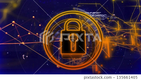 Floating orange padlock icon rotating over digital network, with concentric rings and code snippets Floating orange padlock icon rotating over digital network, with concentric rings and code snippets 135661405