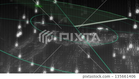 Tracing neon green curves encircling 3D mesh in data space, with binary digits, white trajectories Tracing neon green curves encircling 3D mesh in data space, with binary digits, white trajectories 135661406